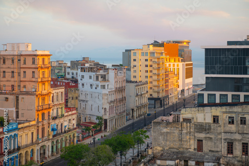 Paseo del Prado aerial view with modern skyscrapers in Vedado with the morning light in Havana, Cuba. Old Havana is a World Heritage Site. 