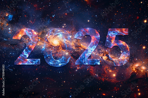 the text "2025" made of glow tinsels, interstellar galaxy in the background