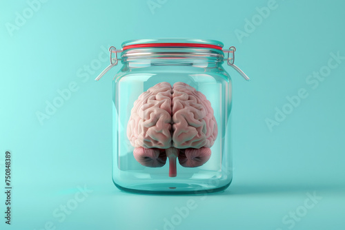 3D render of a cartoon caricature of a human brain in a jar solid color background shot in studio