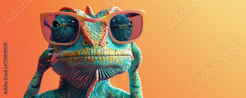 3d rendered image of a small colorful chameleonlike reptile wearing sunglasses in the style of photobashing playful postmodernism teal playful installations naturalistic portraits photo