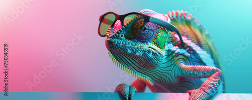 3d rendered image of a small colorful chameleonlike reptile wearing sunglasses in the style of photobashing playful postmodernism teal playful installations naturalistic portraits photo