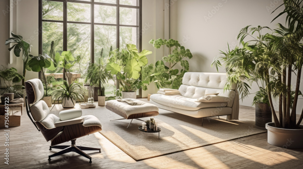 A modern living room featuring a white armchair, a glass and metal coffee table, and a variety of potted plants A modern living room featuring a white armchair, a glass and metal coffee table, and a variety of potted plants