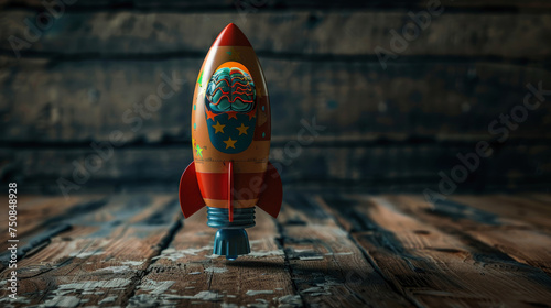 a realistic toy rocket with a colorful AI brain inside floating above a dark rustic wood floor via tilt shift photography photo