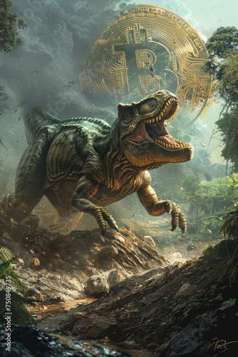 Giant Bitcoin rolling down a hill chasing a dinosaur © Mongkol