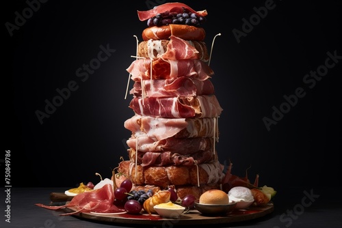 An abstract culinary tower where meat and cake intertwine in an unexpected visual feast