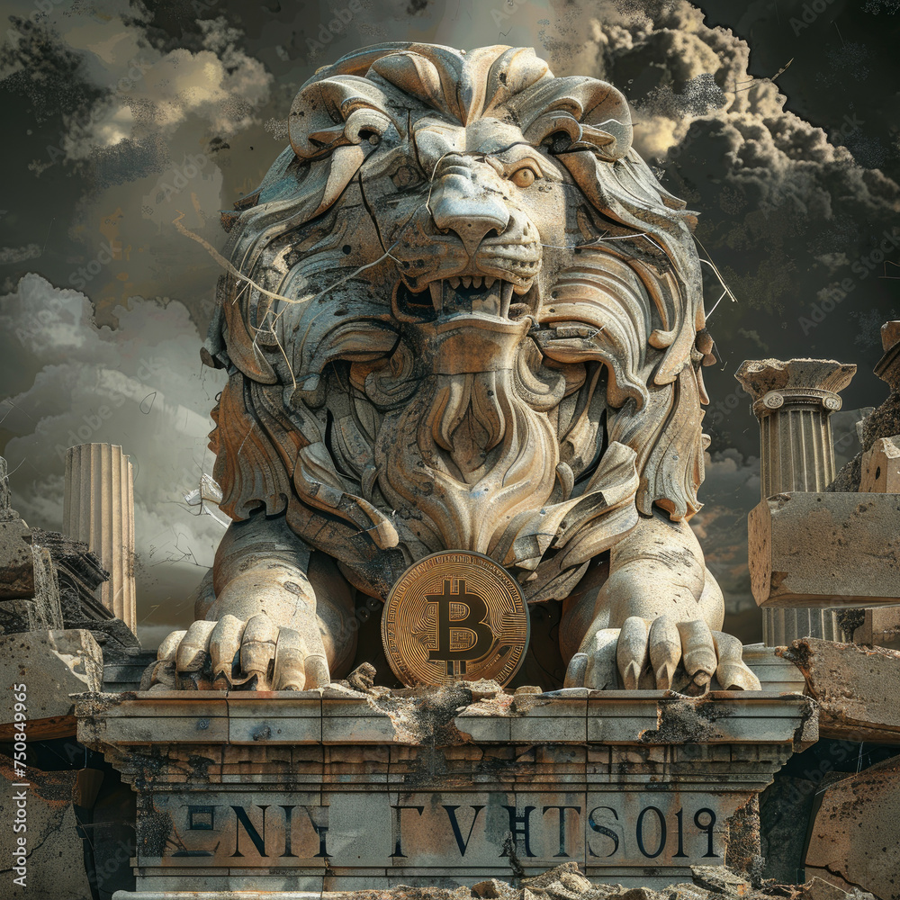 Majestic stone lion with ancient script a Bitcoin clutched in its jaws amidst ruins