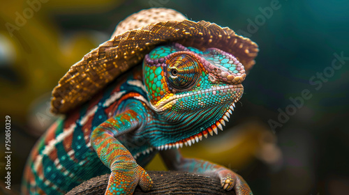 the most colorful chameleon wearing a gambler hat award winning photography high realism depth of field