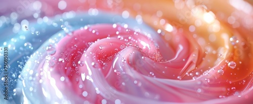 Enchanting swirls of pink and blue cream with a luminescent bokeh effect, resembling a whimsical candy land.