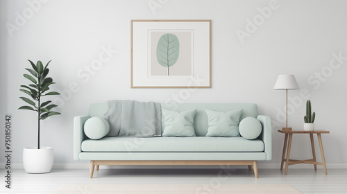 Minimalist Living Room Interior with Soft Blue Sofa and Simple Leaf Artwork