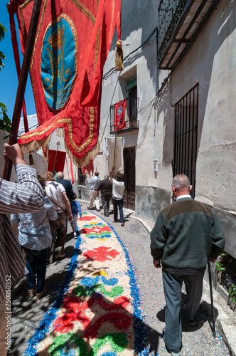 Fiesta tradicional del alfombrado de calles en la procesión del Corpus Christy de Almonacid de Zorita, Guadalajara, España. © time and light