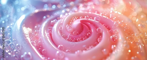 Enchanting swirls of pink and blue cream with a luminescent bokeh effect, resembling a whimsical candy land.