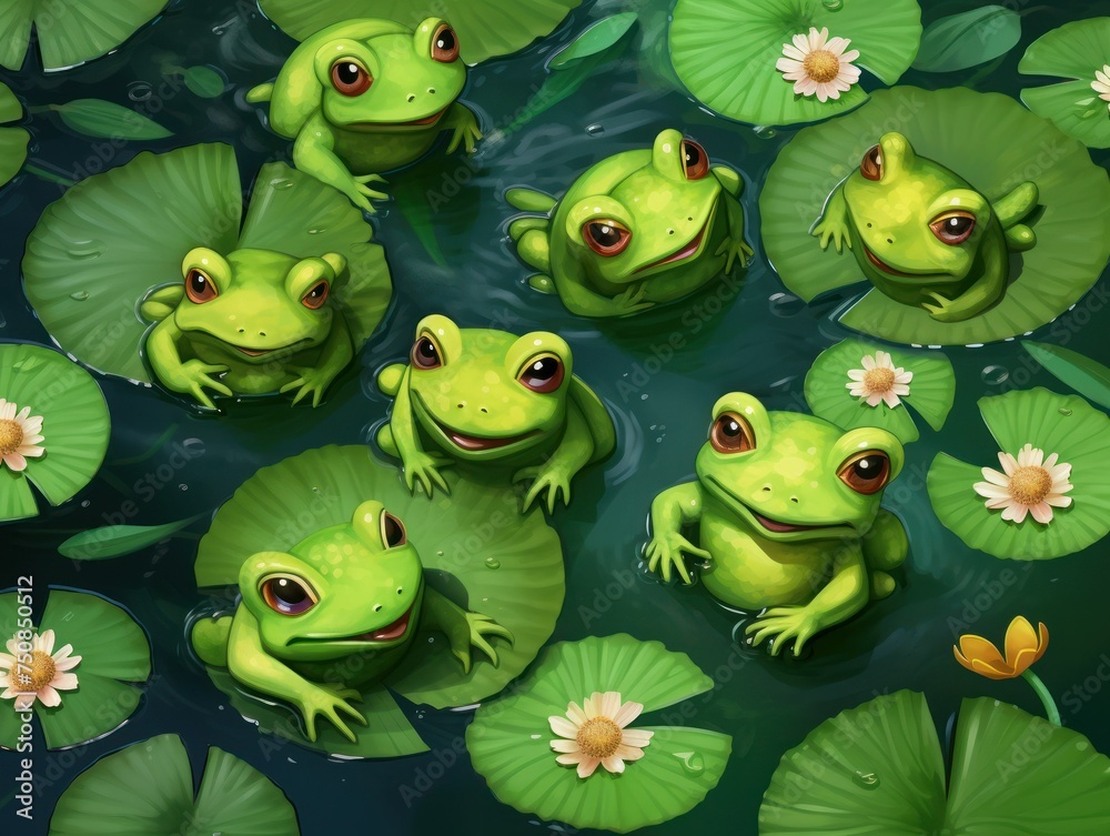 a group of cute animated frogs laying out on lily pads seen from a top down view 