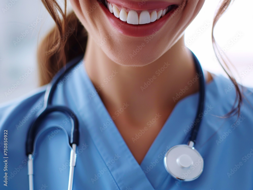 White-toothed smile of a young doctor. Nice woman smiling broadly, medical patch, stethoscope. White-toothed smile of a young doctor. Nice woman smiling broadly, medical patch, stethoscope.
