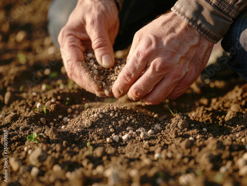 Farmer's hands scoop up soil, preparing for sowing.