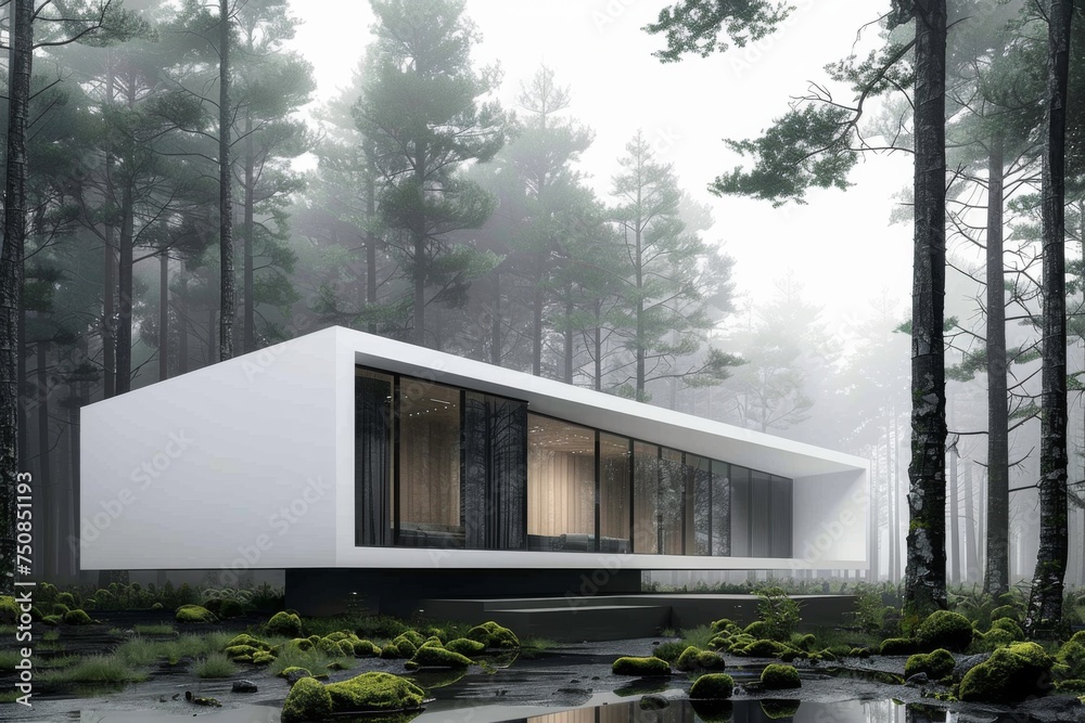 very modern and simple designed flagship store building in deep forest middle of nowhere, very clean and sleek flagship store building in deep rough forest, very wide windows and clean white building