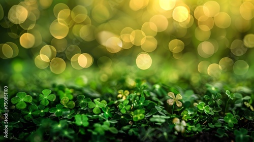 Irish themed background with green and gold bokeh, large copy space