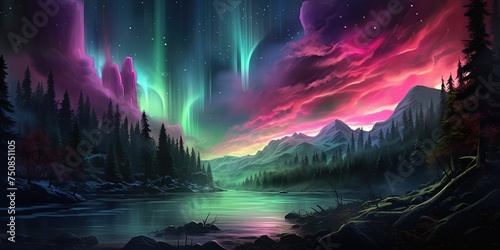 Digital art illustrating fantasy aurora lights streaming above a mystical forest landscape