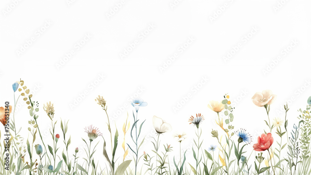 vintage hand-drawn style  watercolor illustration of Horizontal Banner With wildflowers,serene pastoral scenes, on white background, with copy space