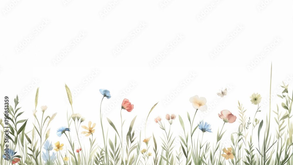 vintage hand-drawn style  watercolor illustration of Horizontal Banner With wildflowers,serene pastoral scenes, on white background, with copy space