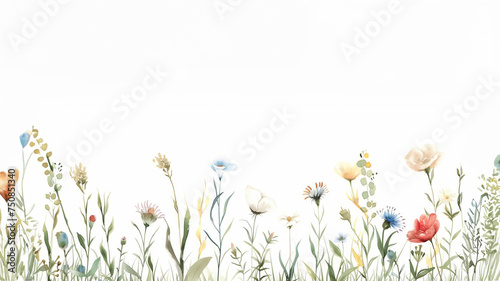 vintage hand-drawn style  watercolor illustration of Horizontal Banner With wildflowers,serene pastoral scenes, on white background, with copy space © Cindy Liu