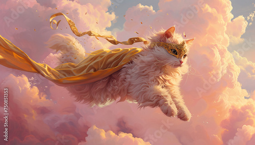 Majestic Cat Soaring through Cloudy Skies with Golden Ribbon - Fantasy Artwork Illustration for Wall Decor, Digital Art, and Creative Design photo