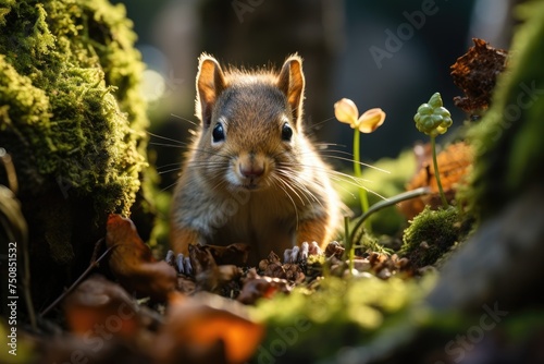 Squirrel hiding in hollow trunk, soft light., generative IA photo