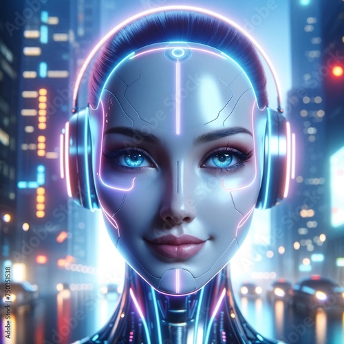 Un androïde féminin au visage expressif et détaillé devant un paysage urbain éclairé, symbolisant l'intégration de la technologie avancée dans le quotidien urbain.
