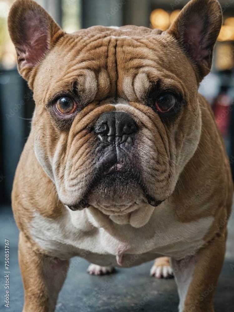Portrait of a Bulldog, close-up of the beautiful pet on a neutral blurred background