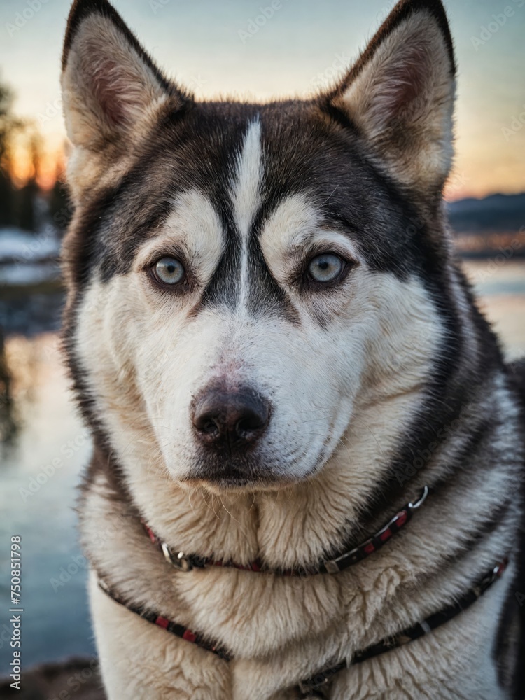 Portrait of a Siberian Husky dog, close-up of the beautiful pet on a neutral blurred background