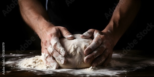 Man with apron preparing dough on dark background for bread baking. Concept Cooking, Baking, Food Preparation, Kitchen, Dough Making © Ян Заболотний