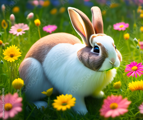 Sweet bunny with Easter eggs in flowery meadow