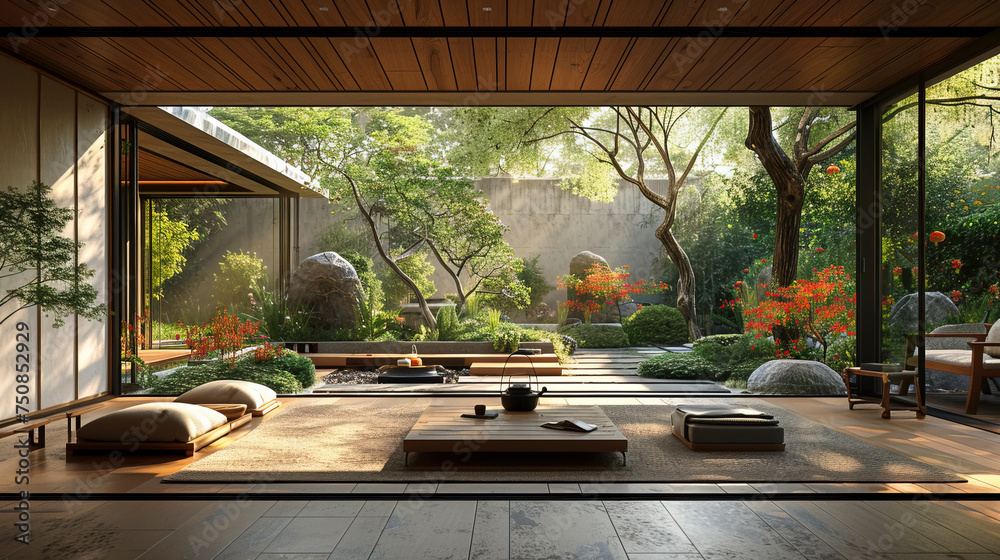 Zen-Inspired Modern Home Blending Indoor and Outdoor Spaces, created with Generative AI technology