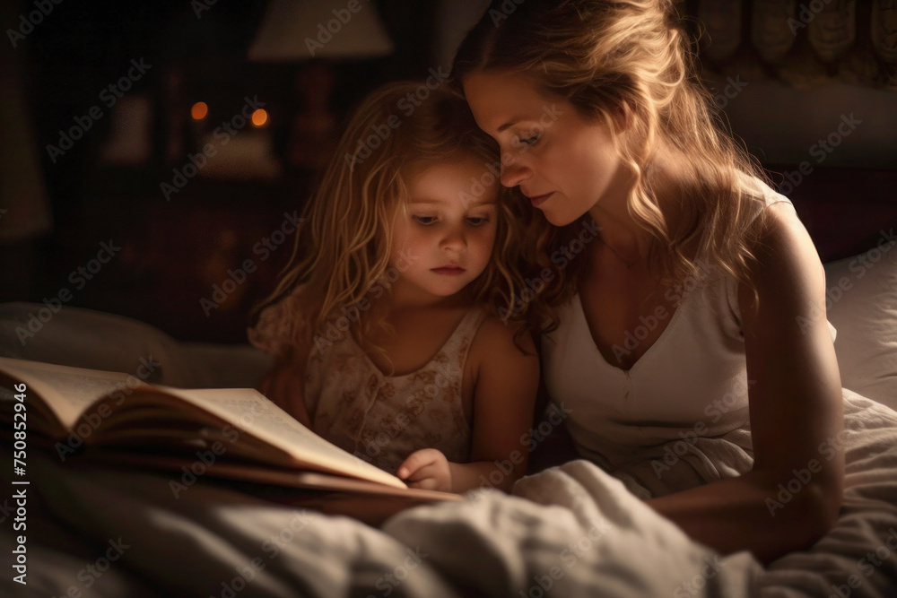Mother and daughter enjoying bedtime story together Mother and daughter enjoying bedtime story together