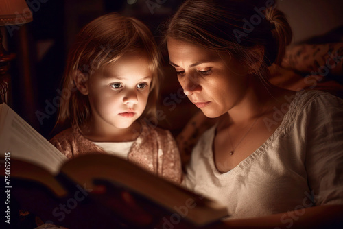 Mother and daughter enjoying bedtime story together