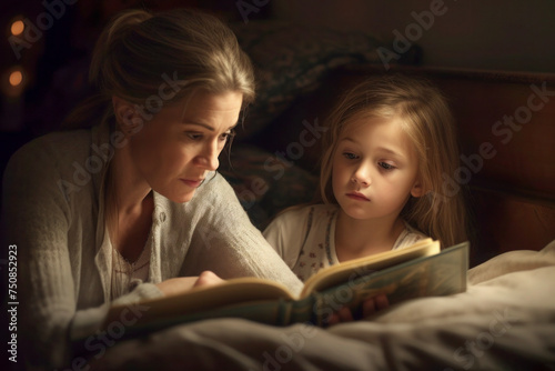 Mother and daughter enjoying bedtime story together