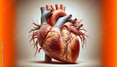 Ultra-photorealistic illustration showcasing the detailed anatomy of a human heart with front and side views against an orange gradient background. photo