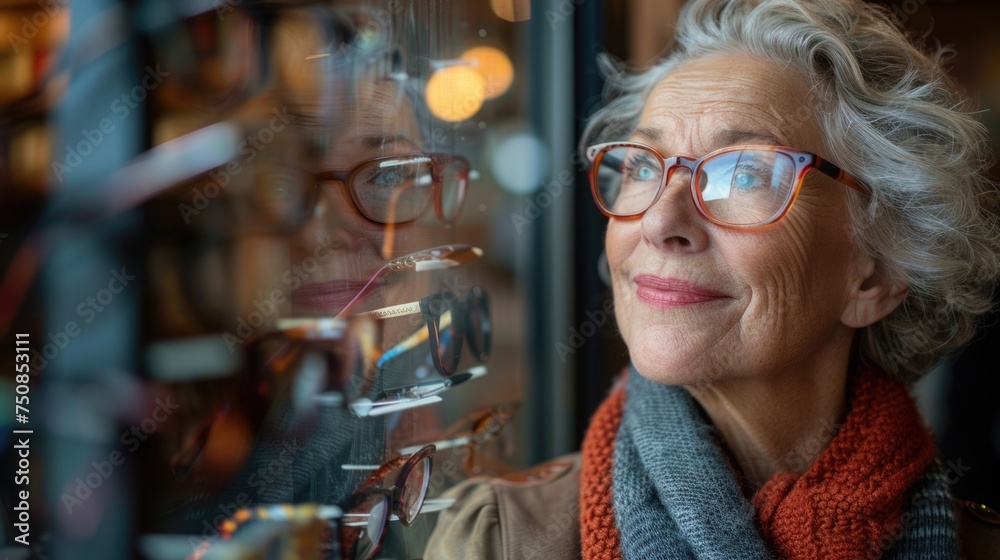 A senior citizen trying on prescription glasses for the first time, looking out a window with a smile, in a warm, inviting eyewear shop with a variety of frames on display