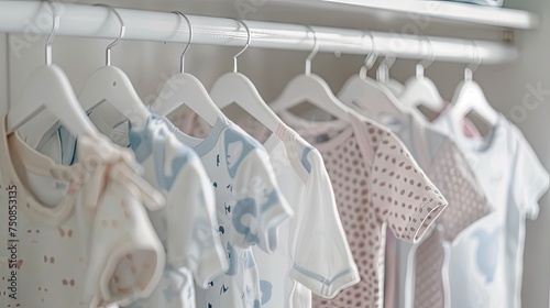 Newborn girl and boy baby bodysuits neatly hanging on white hangers in a clean wardrobe