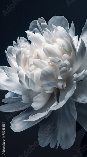 Single white peony on a dark background, Dramatic lighting to highlight the contrast and intricate details of the petals © r3mmm
