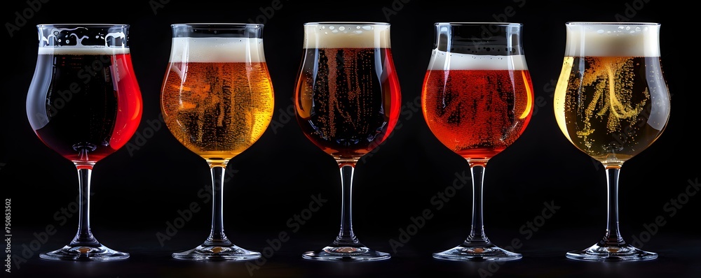 Five beer glasses of different types on a black background A diverse selection of beer glasses each containing different types of beer presented on a sleek black background. Concept Beer Glasses
