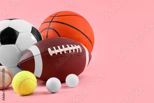 Many different sports balls on pink background, space for text
