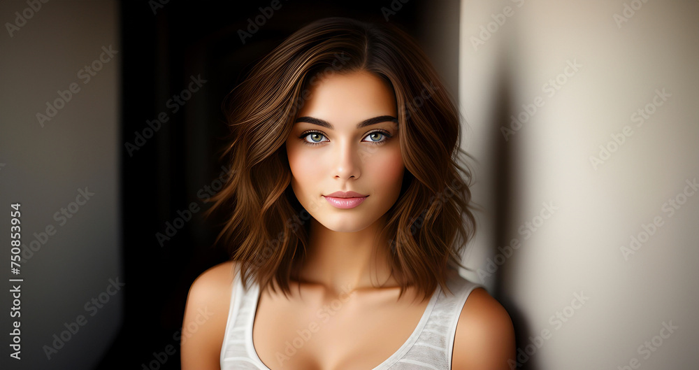 Beautiful brunette girl, closeup face. Beautiful brunette woman, portrait closeup. Face of young woman with blue eyes and wavy hair. Beauty face. Model girl with curly hairstyle. Woman face close up. Beautiful brunette girl, closeup face. Beautiful brunette woman, portrait closeup. Face of young woman with blue eyes and wavy hair. Beauty face. Model girl with curly hairstyle. Woman face close up.