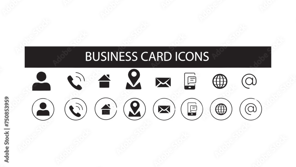 Contact Icons Set: Business Card Icons for Phone, Mail, Address - Vector