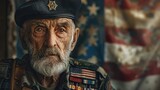 A portrait of a Jewish American veteran standing proudly in front of an American flag, with a subtle Star of David pin on their lapel, symbolizing a proud heritage and patriotic service