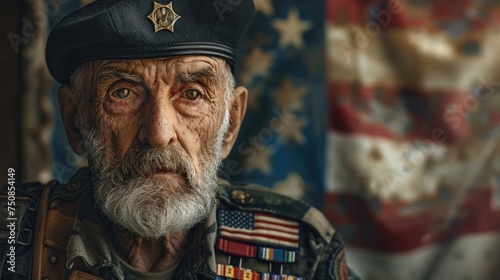 A portrait of a Jewish American veteran standing proudly in front of an American flag, with a subtle Star of David pin on their lapel, symbolizing a proud heritage and patriotic service photo