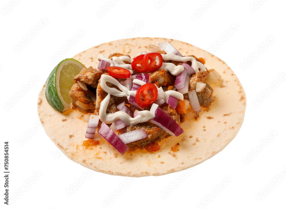 Delicious taco with vegetables, meat and lime isolated on white Delicious taco with vegetables, meat and lime isolated on white