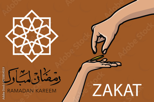 Ramadan Kareem zakat giving charity to poor people vector illustration. Muslim concept for zakat property, income and "fitrah" zakat. Hand giving and accept Zakat illustration.
