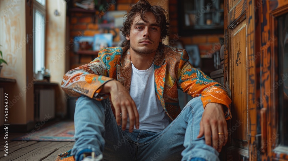 Urban-chic Young Man in Colorful Blazer and White Sneakers Generative AI Urban-chic Young Man in Colorful Blazer and White Sneakers Generative AI