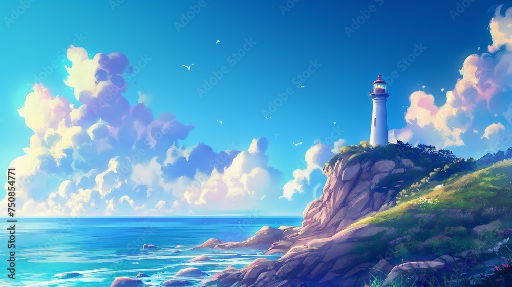 A distant lighthouse standing tall against the backdrop of a radiant blue sky, overlooking the vast ocean expanse.