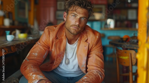Young Modern Man in Casual Style with Color Blazer, White T-Shirt, and Jeans Generative AI